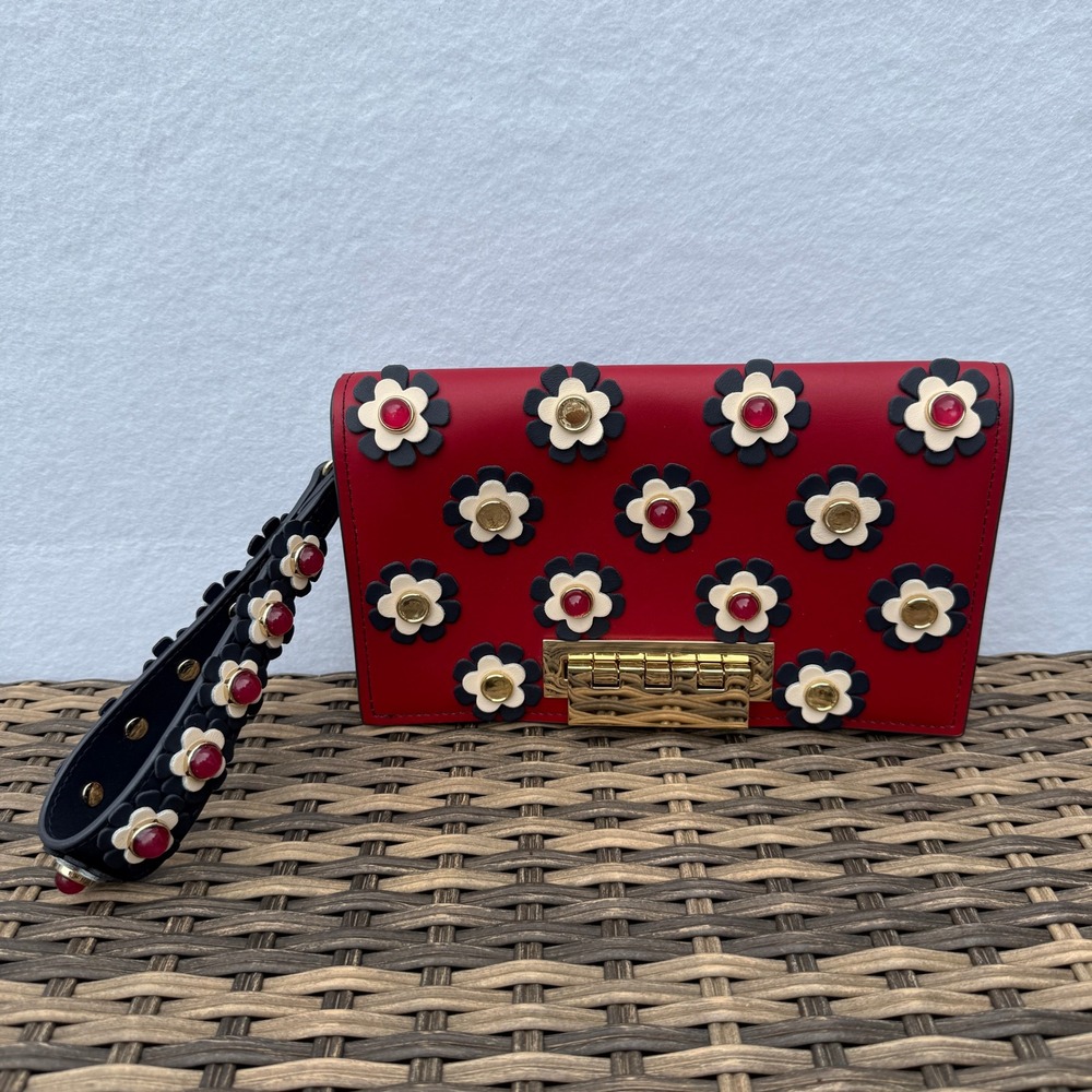 ZAC Zac Posen Red Floral Earthette Large Leather Clutch Wristlet Bag